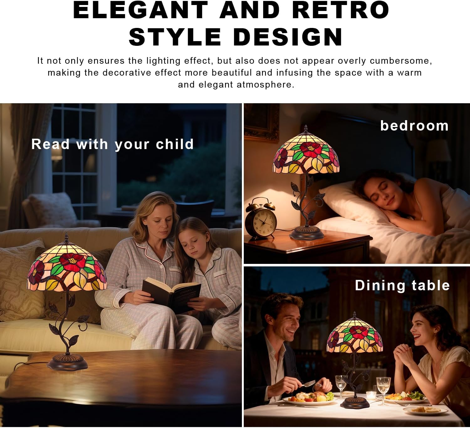 Tiffany Table Lamp, Stained Glass Crabapple Flower Design, with Metal Leaf Base, 12x12x19 Inch for Bedroom, Living Room, Home, Office
