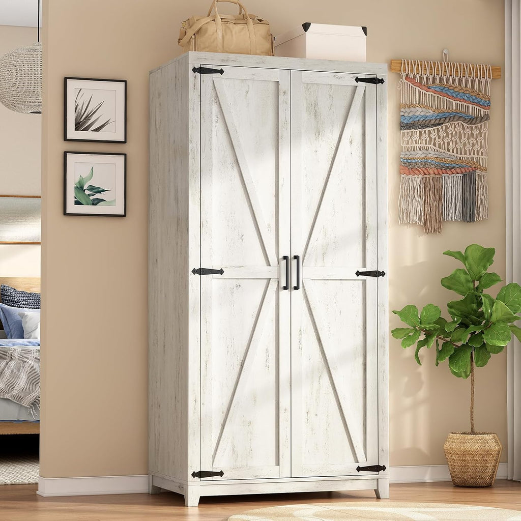LUXOAK 70' Large Armoire Wardrobe Closet Set of 2 with Hanging Rod, Farmhouse Clothing Storage Cabinet with 2 Barn Doors, Wooden Tall Bedroom Armoires with Shelf, Distressed White