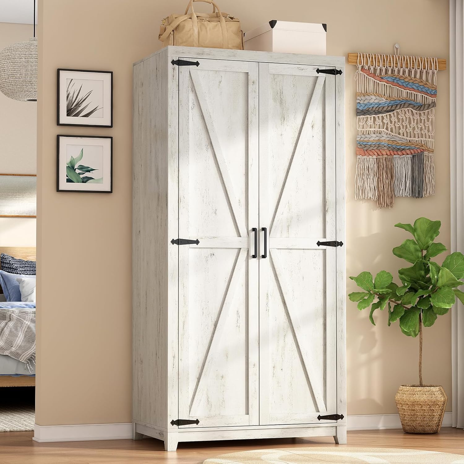 LUXOAK 70' Large Armoire Wardrobe Closet Set of 2 with Hanging Rod, Farmhouse Clothing Storage Cabinet with 2 Barn Doors, Wooden Tall Bedroom Armoires with Shelf, Distressed White