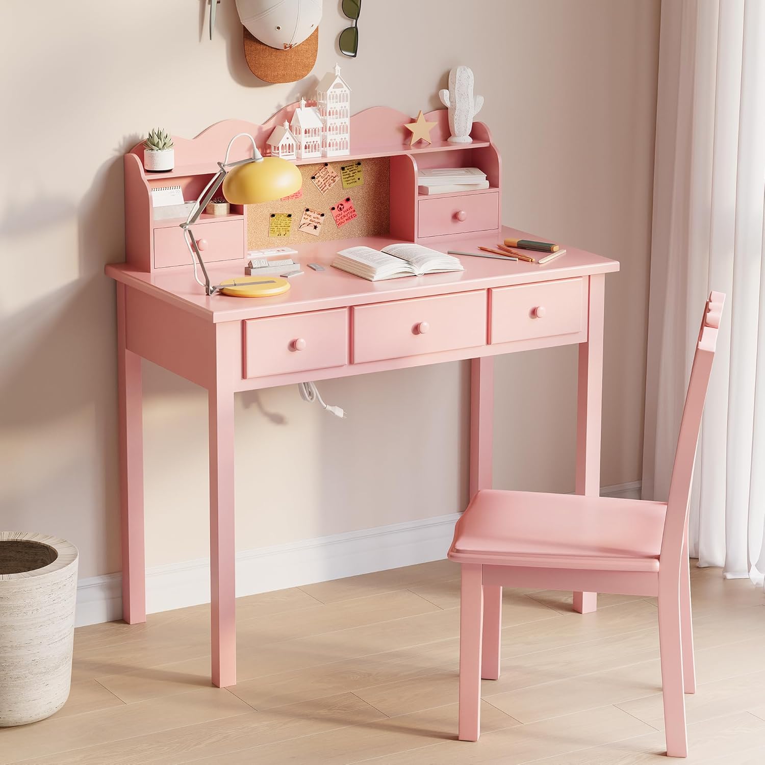 FUNKOCO Home Office Furniture Writing Desk,Computer Work Station with Detachable Hutch,5 Drawers(Pink)