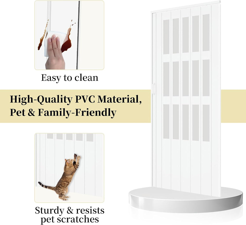 WINSTELLAR 72' x 80' Enhanced Accordion Doors with 3 Frosted Acrylic Panel, Bifold Closet Door Hardware Kit Included, PVC Interior Folding Doors with 4 Handles for Closet Bathroom Doorways
