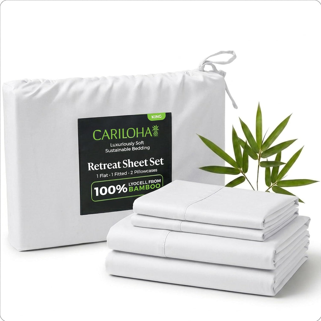 Cariloha Retreat 4-Piece Sateen Sheet Set | White | King | Lyocell Material | Breathable, Corner Straps, Extra Soft & Cooling