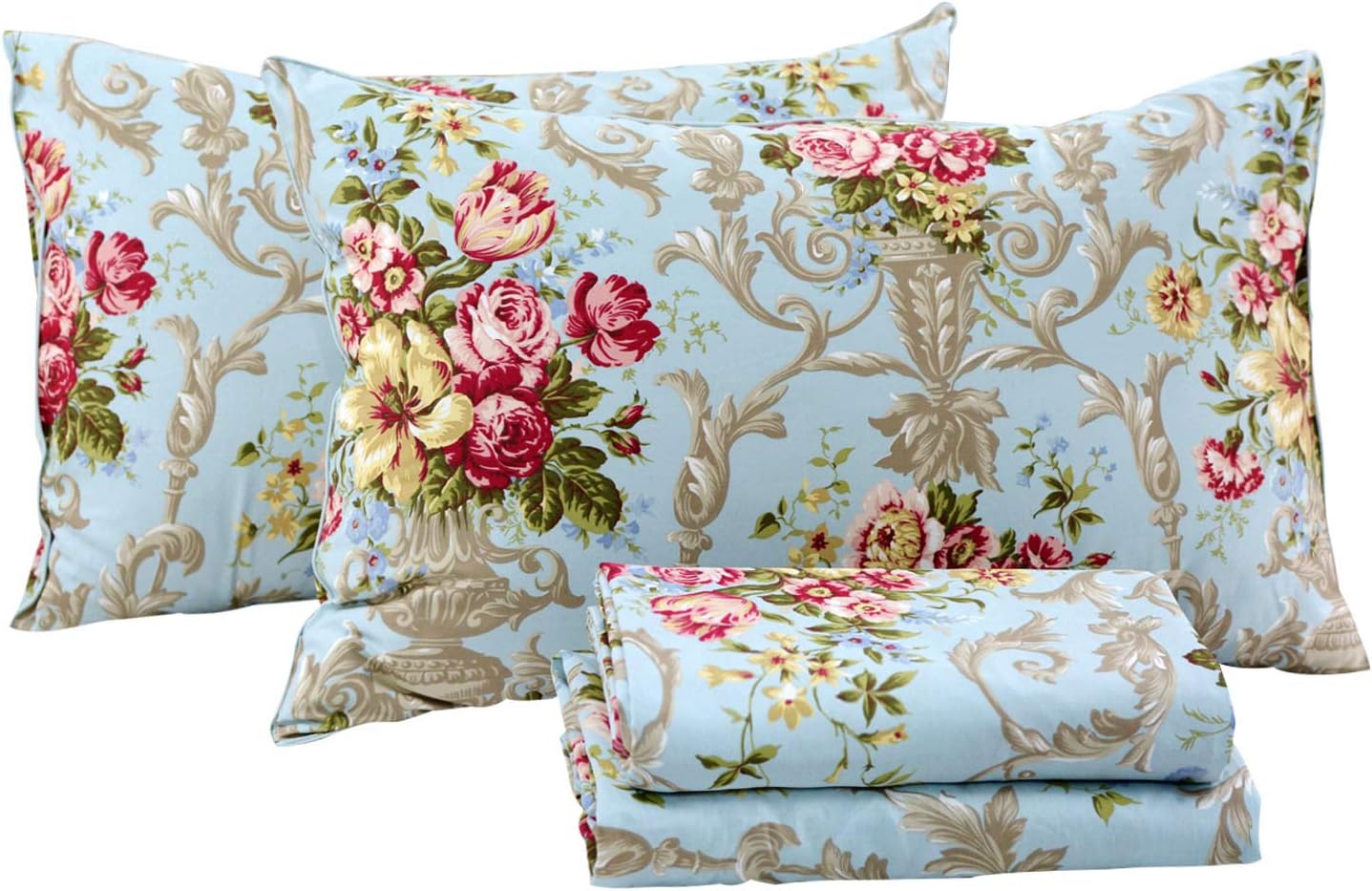 FADFAY Shabby Floral Bedding Elegant Peony Sheets Set Luxury Bedding Collections 800 Thread Count 100% Egyptian Cotton Deep Pocket, 4 Piece-California King Size