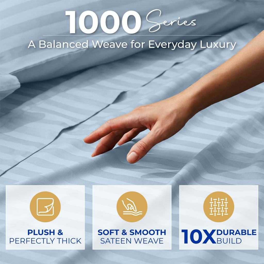 THREAD SPREAD Queen Sheet Set, Luxury 1000 Series Paradise Collection 100% Egyptian Cotton Damask Striped Bed Sheets Queen Size (4 PC, Light Blue Stripe), Cooling 16' Deep Pocket Hotel Sheet Set