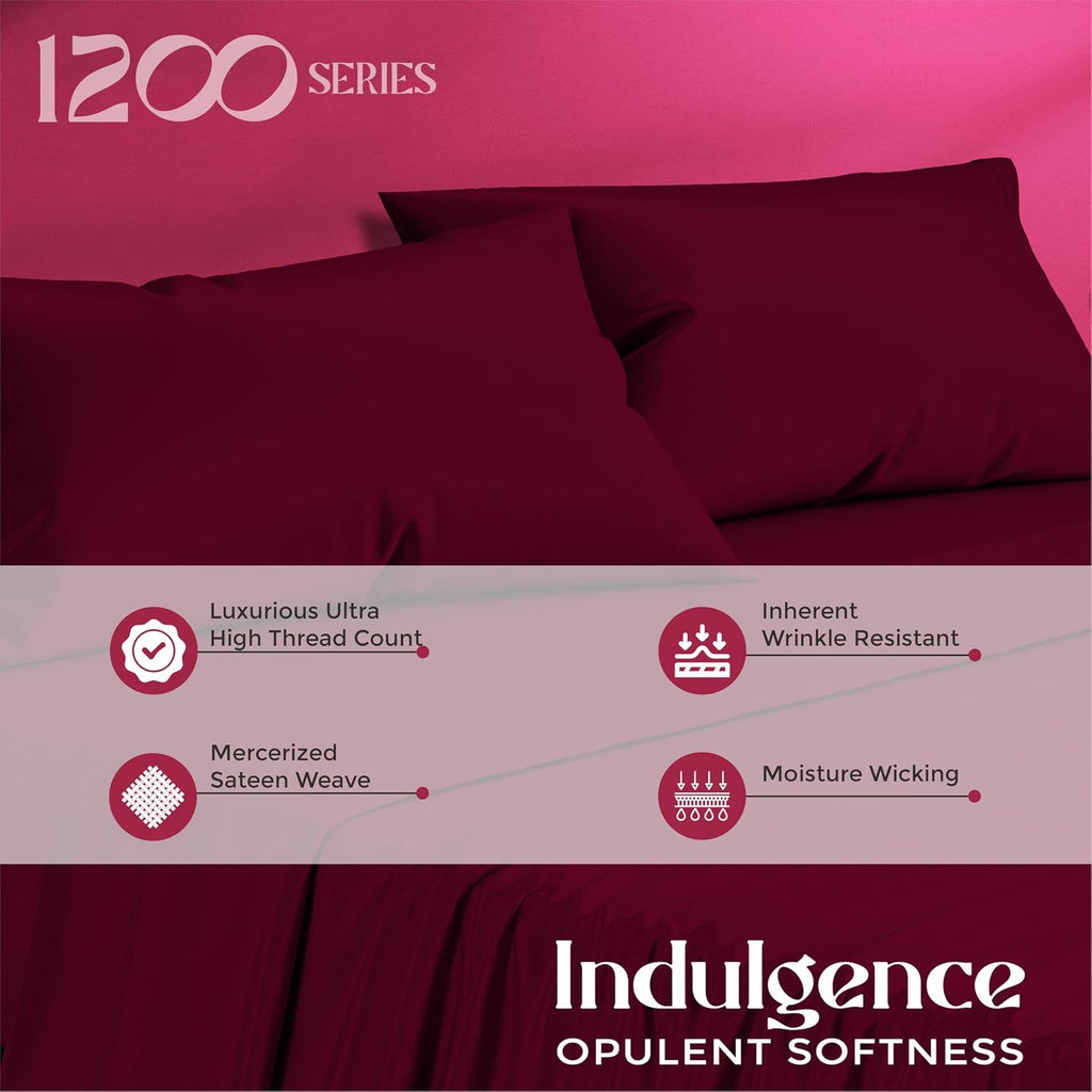 Mayfair Linen 100% Egyptian Cotton Queen Sheet Set - Luxury 1200 Series Egyptian Cotton Sheets Queen Size (4 PC, Burgundy), Silky Soft, Cooling & Breathable, 17' Deep Pocket Sateen Weave Hotel Bedding