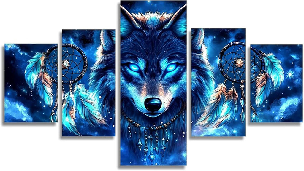 Dream Diamond Art 5 Piece Diamond Painting Wolf 5D Full Round Drill Dimond Art Paintings Crystal Rhinestones Crafts for Adults Gem Painting for Home Decor, Large Artwork for Wall 44 x 90 Inch,Model237
