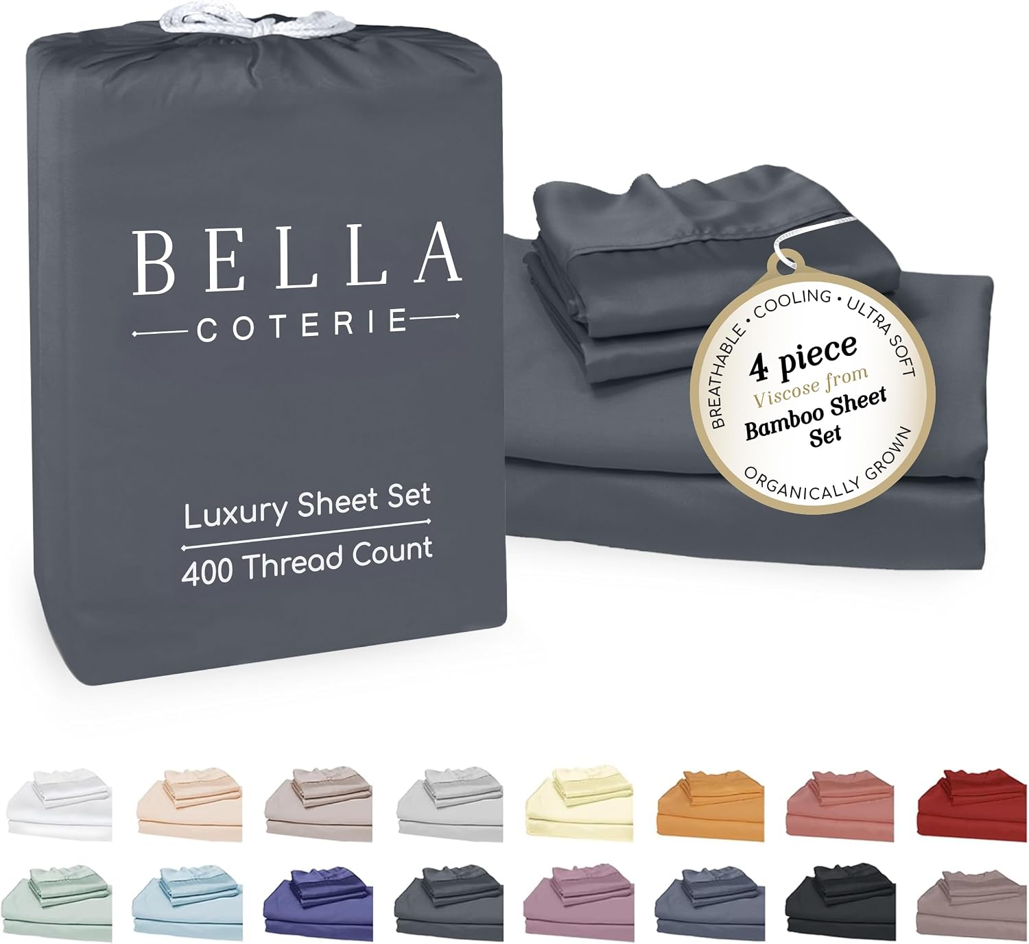 Bella Coterie Luxury Bamboo Viscose Queen Size Sheet Set | 100% Organically Grown | Ultra Soft | Cooling for Hot Sleepers | 18' Deep Pocket [Charcoal Grey]
