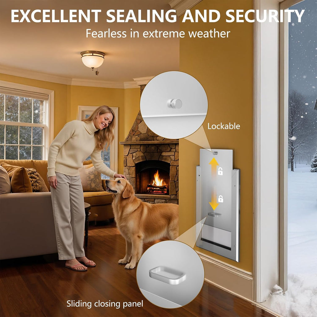 Ownpets Aluminum Dog Door for Wall and Door, Double Flap Energy Efficient, Telescoping Tunnel and Lock Panel, Heavy Duty Doggy Door for Dogs Up to 40lbs, Medium