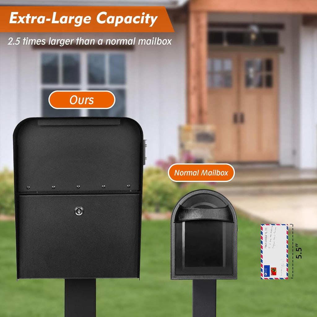 Extra Large Anti-Theft Post Mount Locking Mailbox, 21.6 x 11.8 x 16.5 Inches, High Security Parcel Mailbox with Outgoing Mail Tray, Heavy Duty Steel Mailbox for Outside, Black