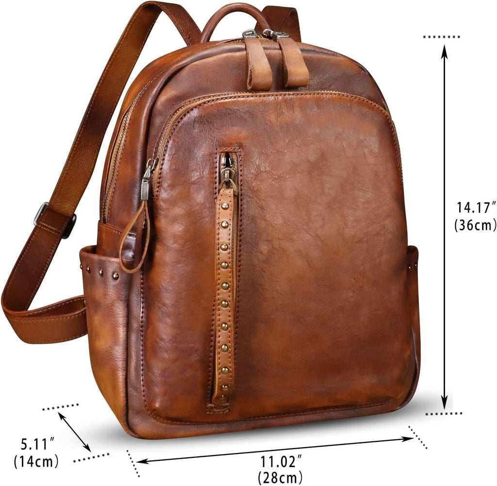 Genuine Leather Backpack Purse for Women Vintage Casual Daypack College Bag Handmade Cowhide Western Rivets Rucksack (Brown)