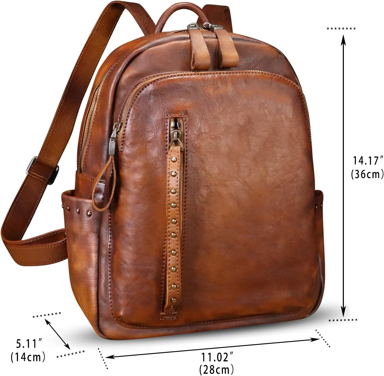 Genuine Leather Backpack Purse for Women Vintage Casual Daypack College Bag Handmade Cowhide Western Rivets Rucksack (Brown)