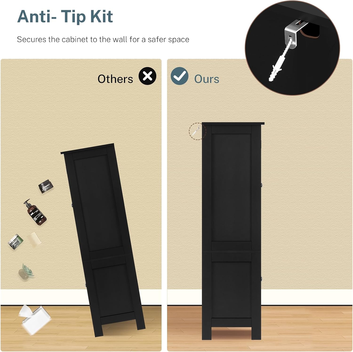 TEENFON Storage Cabinet with 4 Doors, Kitchen Cabinet with 6 Door Shelves, Kitchen Pantry for Living Room, Dining Room, Bathroom, Black