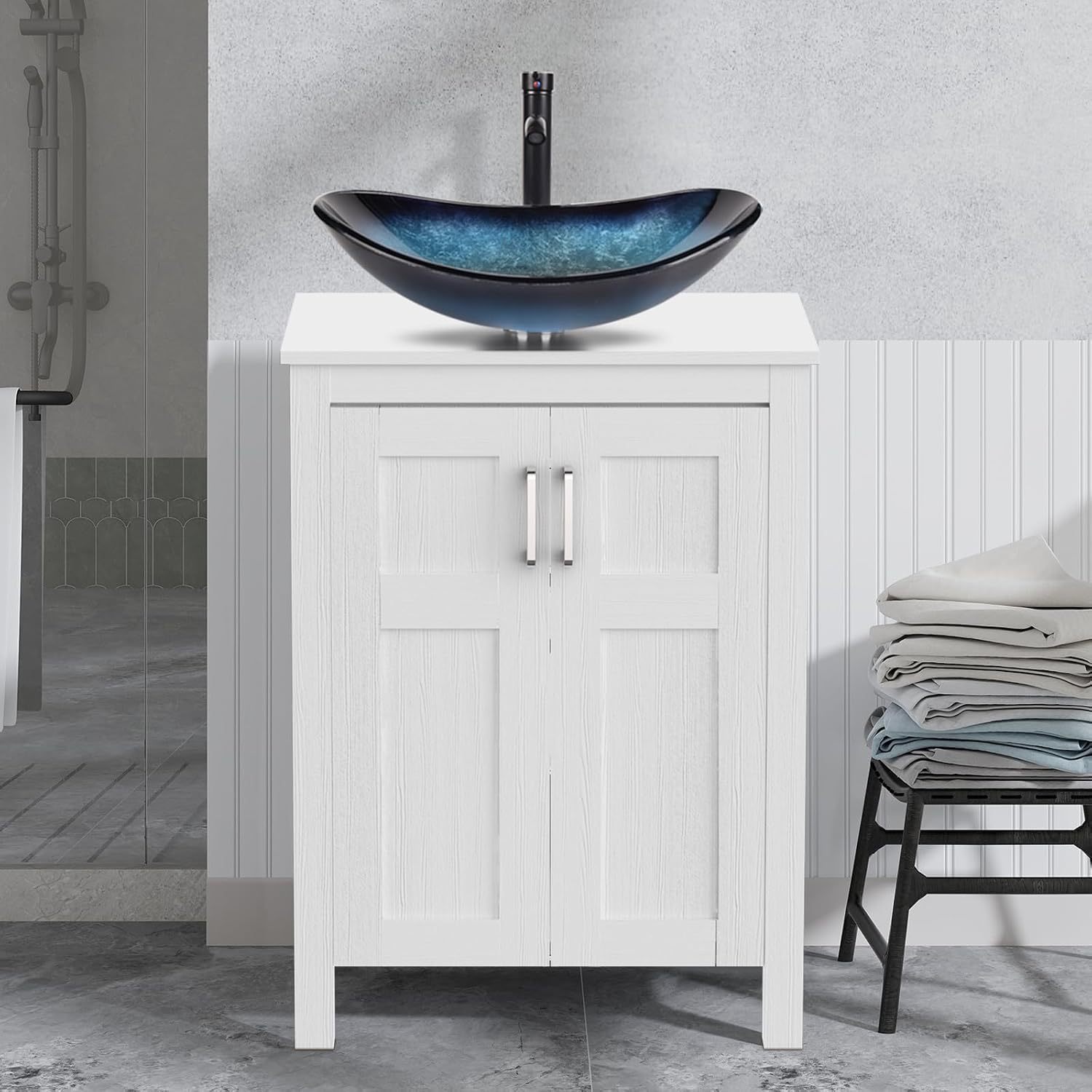 YOURLITE 24' Bathroom Vanity with Sink, White Bathroom Vanity and Sink Combo with Faucet & Pop Up Drain Set,Traditional Vanity with Blue Glass Bowl Bathroom Sink