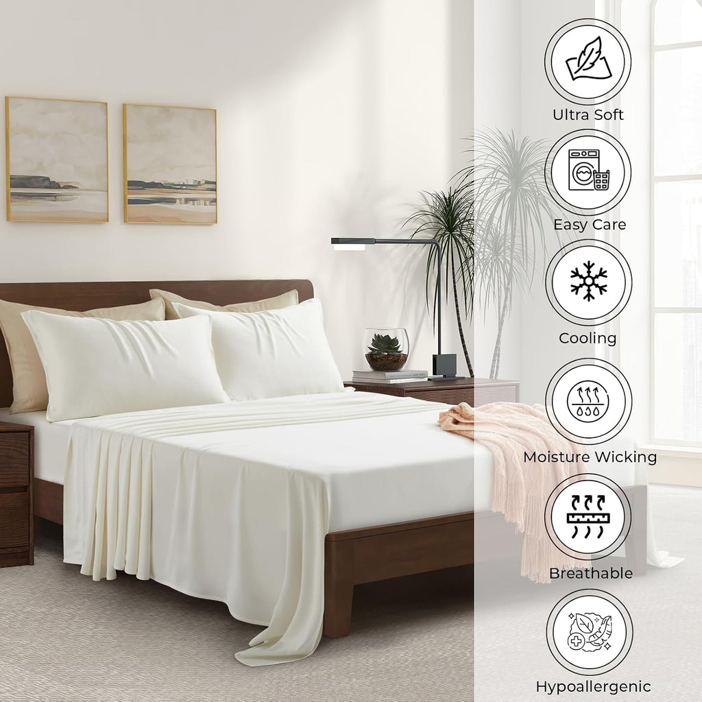 |Twin Size Sheet Set | Organically Grown | Ultra Soft & Cooling |100% Viscose | 17' Deep Pocket [Ivory]