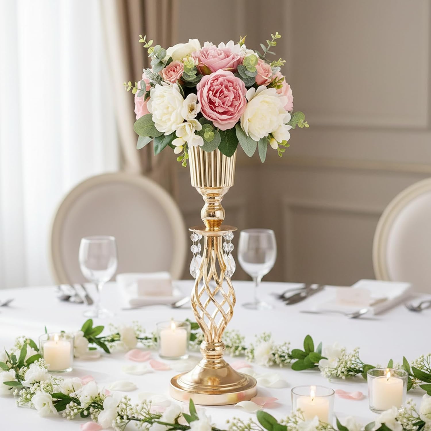 Pack of 10 Wedding Crystal Flower Vases: Elegant Floral Vases for Reception Centerpieces Parties Events, 20.2 inches Versatile Flower Arrangement & Candle Holder Stands