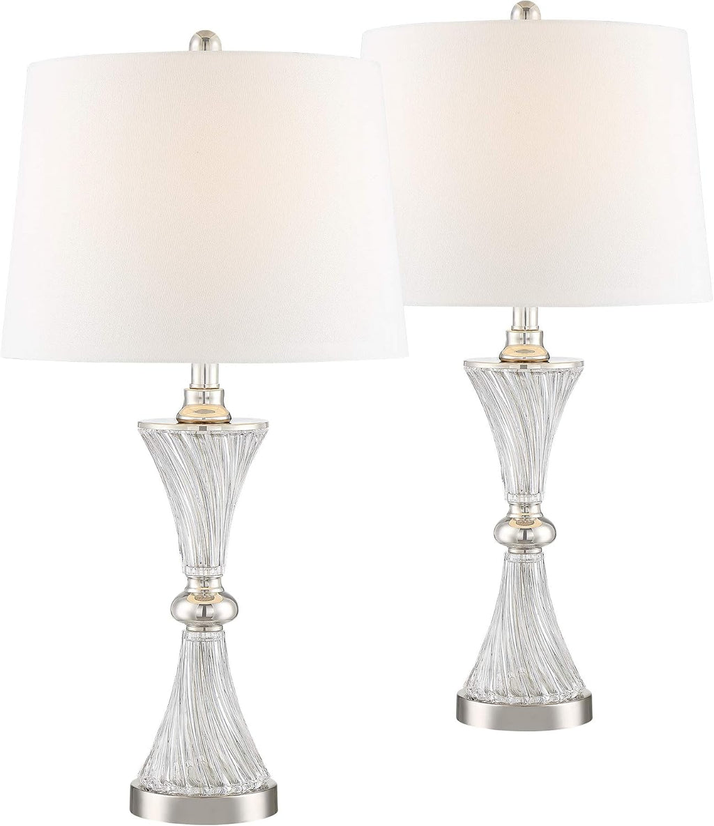 Regency Hill Luca Modern 3-Way Table Lamps 25 1/2' Tall Set of 2 with USB Charging Ports and Dimmers Clear Glass White Fabric Drum Shade for Bedroom Living Room House Desk Bedside Office Family