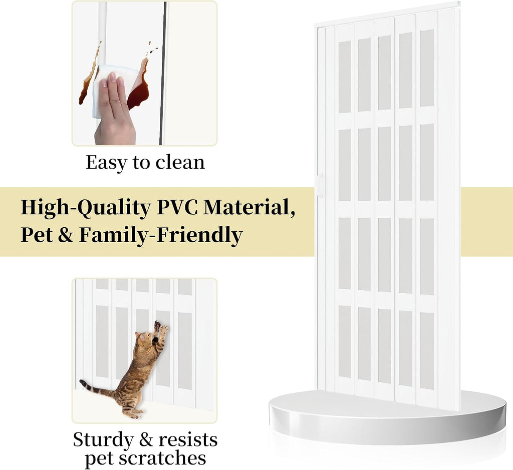 WINSTELLAR 36' x 80' Enhanced Accordion Doors with 4 Frosted Acrylic Panels, Bifold Closet Door Hardware Kit Included, PVC Interior Folding Doors with 2 Handles for Closet Bathroom Doorways