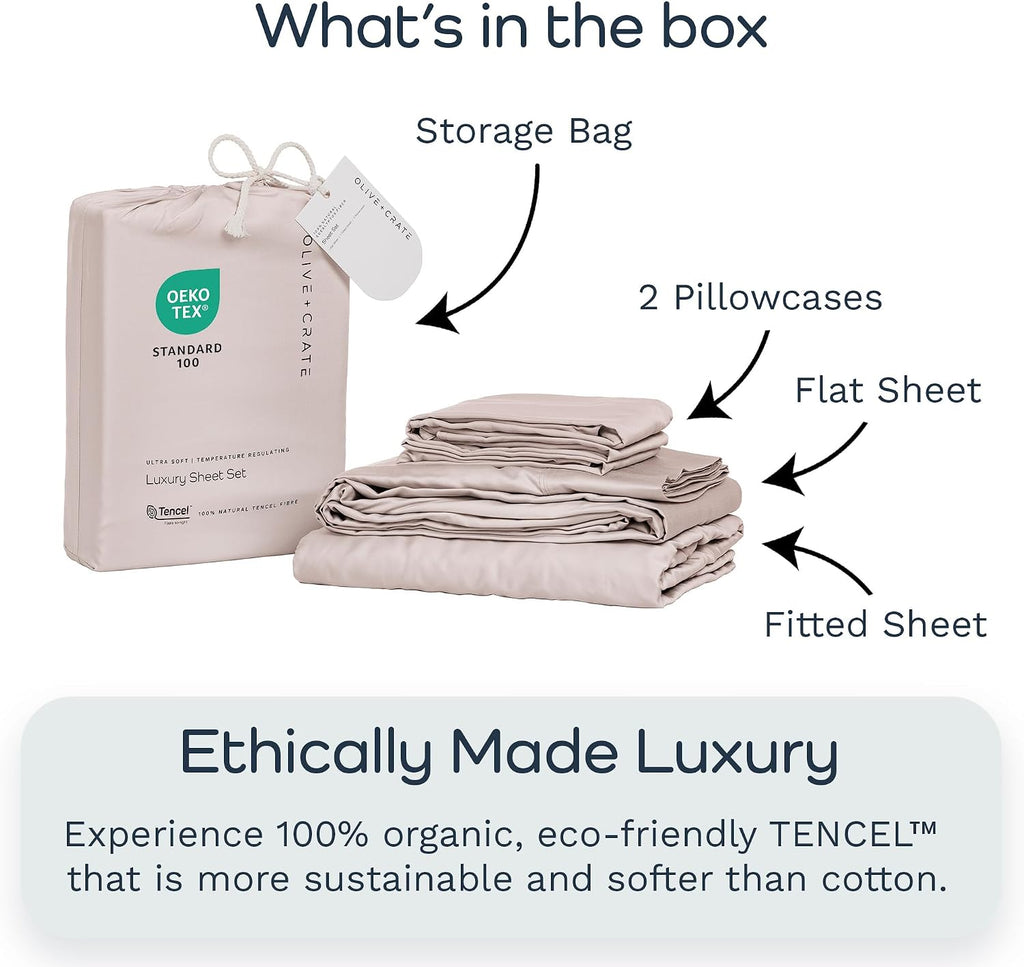 Olive + Crate Tencel Lyocell Eucalyptus Queen Size Sheet Set - Cooling Tencel Sheets for Hot Sleepers with 18 Inch Deep Pocket Fit - Barely Pink 4-Piece Set
