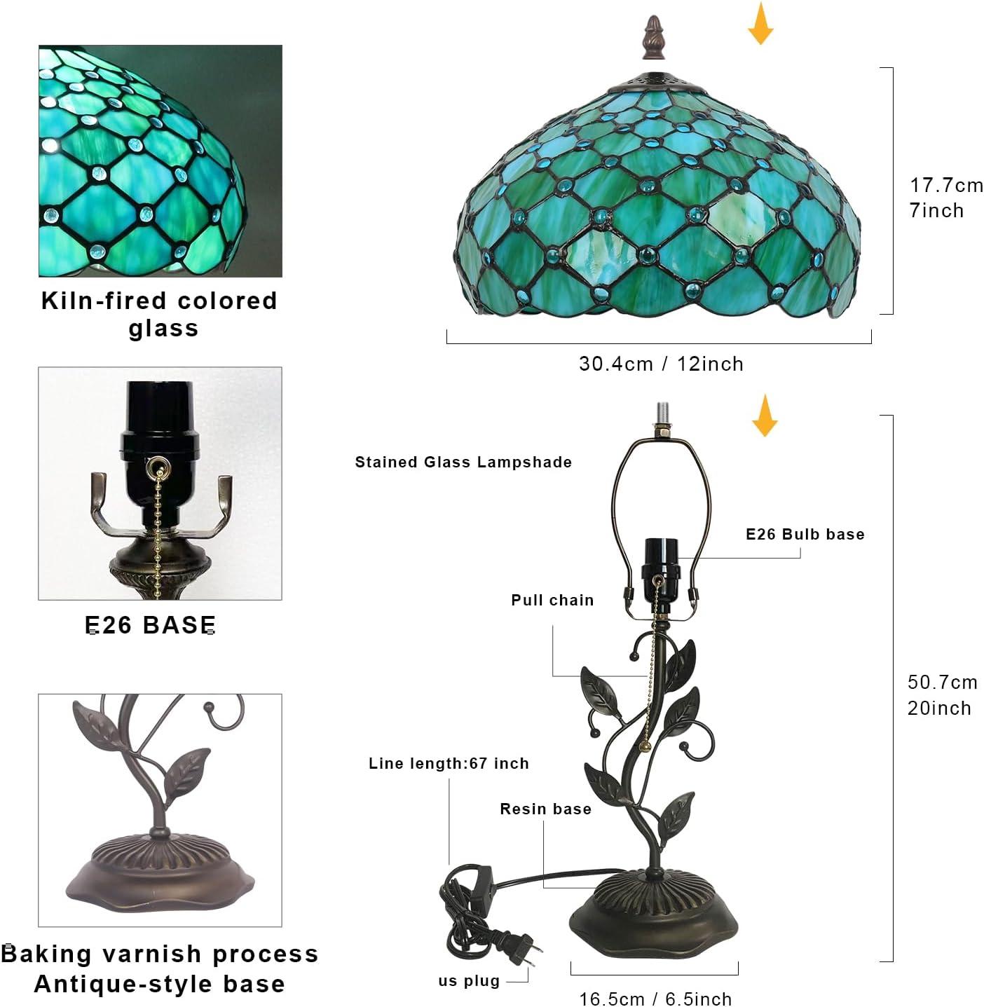 Tiffany Stained Glass Table Lamp, Sea Blue Pearl Style with Metal Leaf Base, 12x12x19 Inch Decor Lamp for Bedroom, Living Room, Home, Office