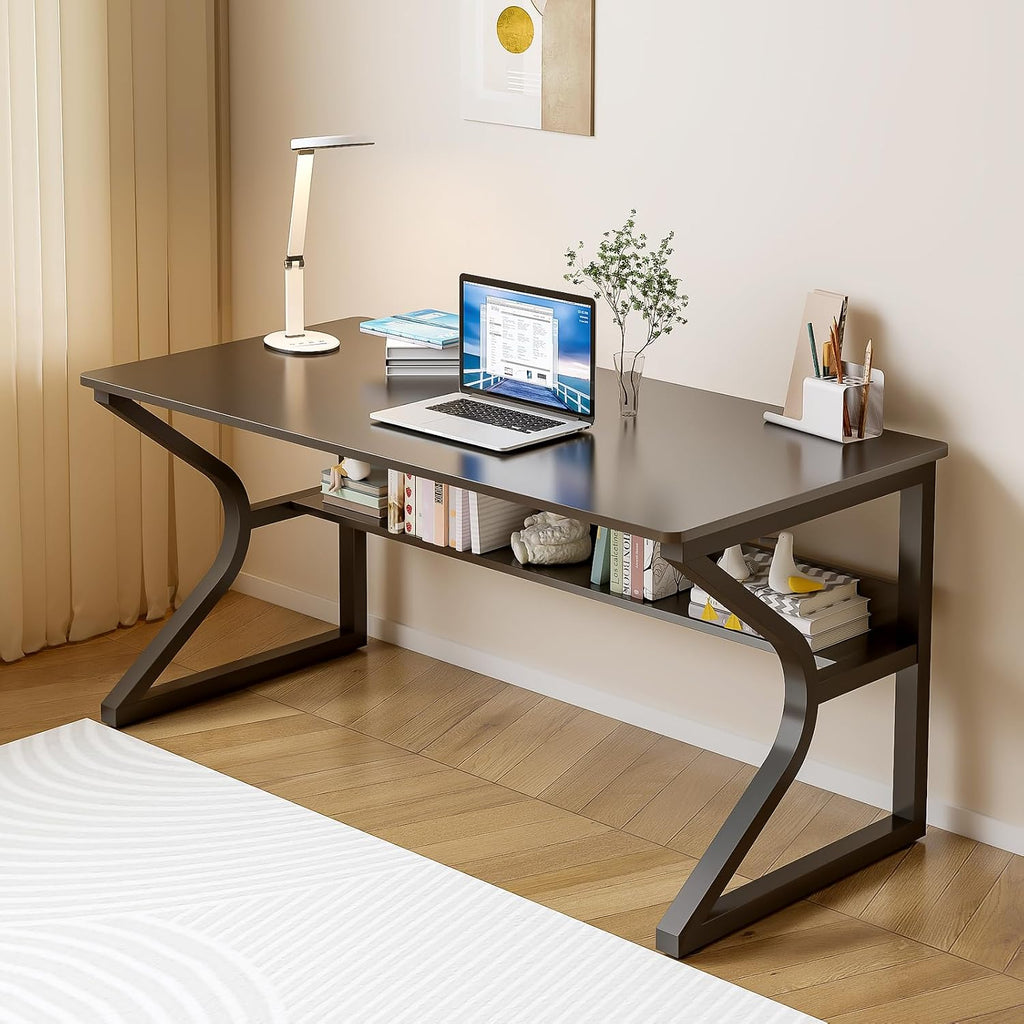 OSCHF Office Desk with Storage Shelf - 47.3' Long Writing Table for Single-Person Workstation, Modern Study Gaming Computer Desk, Black