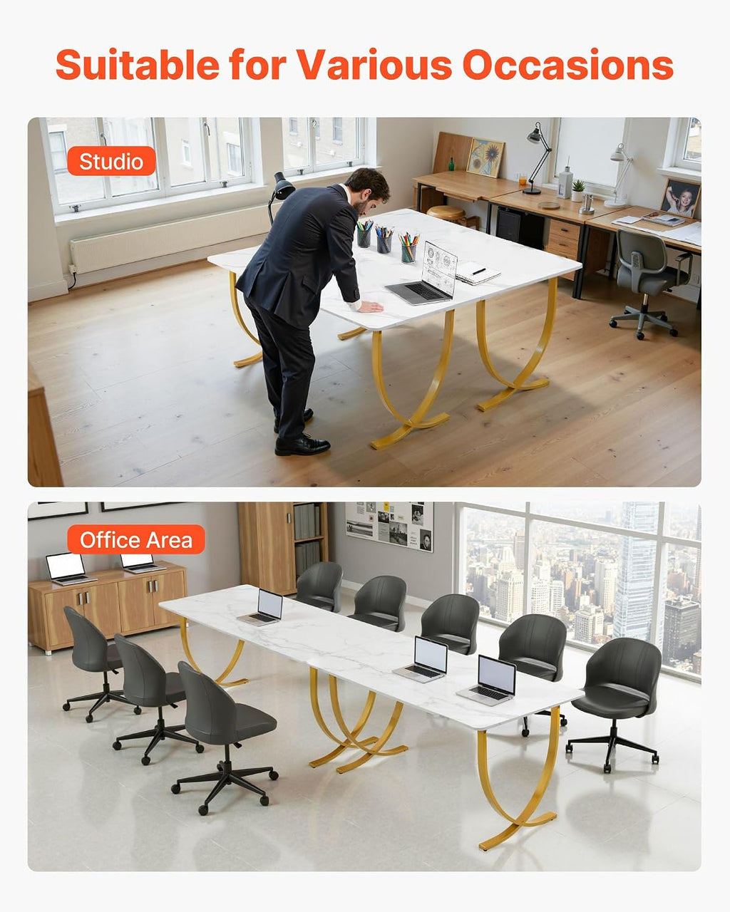 VEVOR Executive Desk, 63' W x 31.5' D Large Office Desk, Modern Computer Table Conference Meeting Room Table, Business Furniture Enlarged Desktop for Home Office, White and Gold