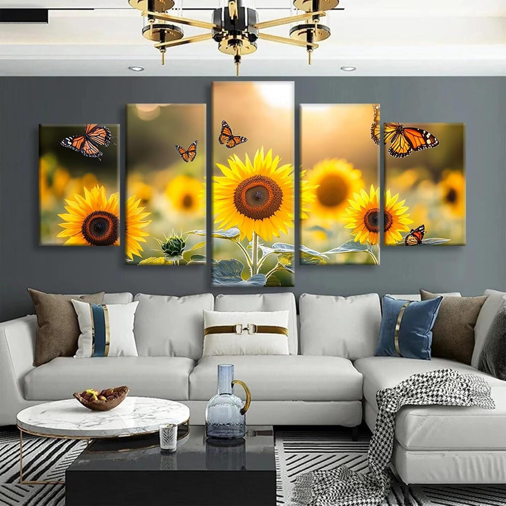 Butterfly Diamond Art 5 Piece Diamond Painting Sunflower 5D Full Square Drill Dimond Art Paintings Crystal Crafts for Adults Gem Painting for Home Decor, Large Artwork for Wall 36 x 70 Inch, Model366