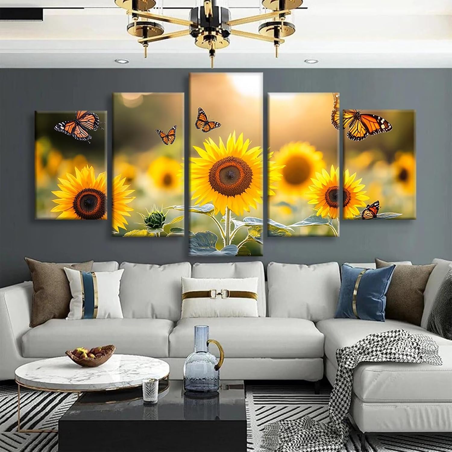 Butterfly Diamond Art 5 Piece Diamond Painting Sunflower 5D Full Square Drill Dimond Art Paintings Crystal Crafts for Adults Gem Painting for Home Decor, Large Artwork for Wall 60 x 120 Inch, Model366