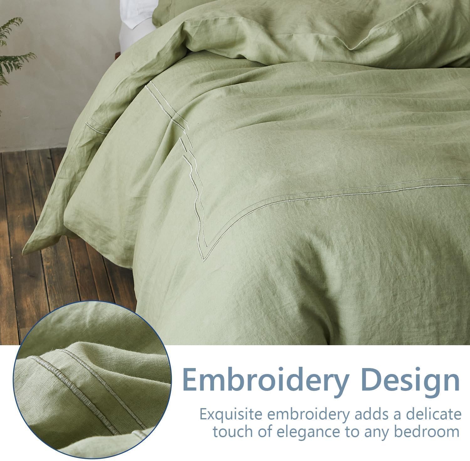 Simple&Opulence 100% Washed Linen Duvet Cover Set 88'x92' - 3 Pieces Soft Farmhouse Comforter Set Double Embroidered with Button Closure - 1 Duvet Cover and 2 Pillowshams (Sage Green, Queen)