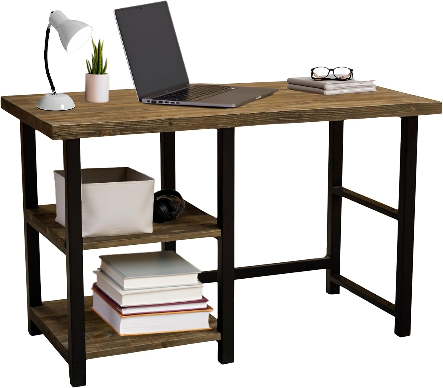 Alaterre Furniture Pomona 48-Inch Industrial Study Desk with Solid Pine Wood Top, 2 Open Shelves, and Metal Frame – Writing Desk with Floor Levelers for Home Office, Bedroom, or Dorm (Natural Finish)