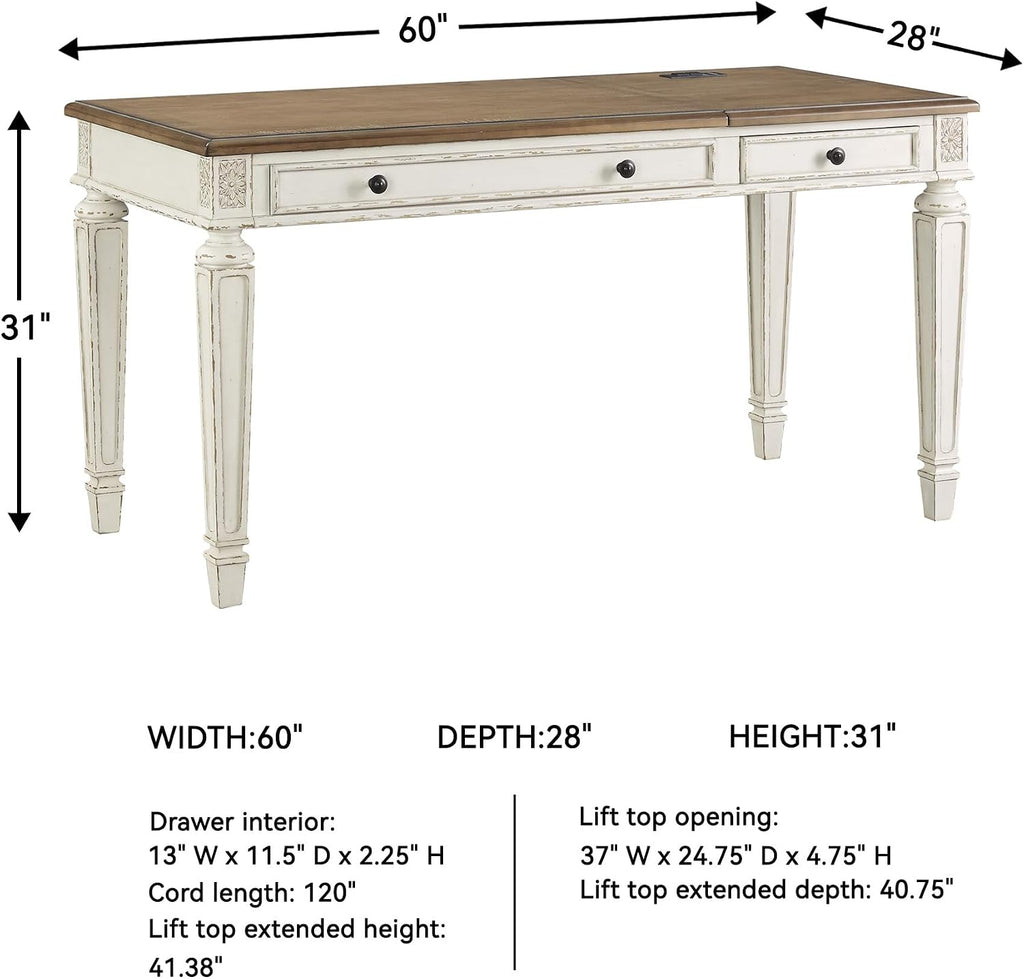 Signature Design by Ashley Realyn Home Office Lift Top Desk, USB Charging, Spring Lift Top, Smooth-gliding Drawer, 60' W x 28' D x 31' H, Chipped White and Brown