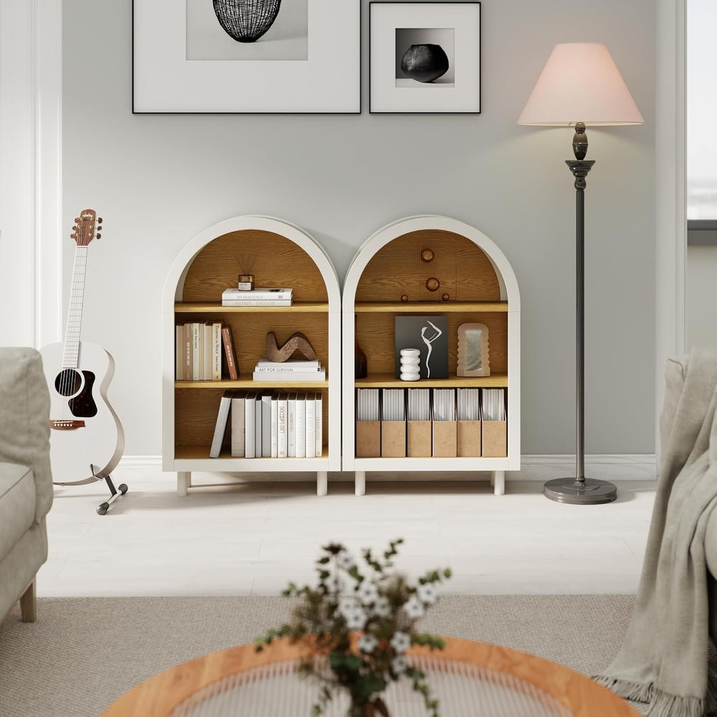 QMIT Arched Small Wooden Bookshelf, White 3 Tier Storage Bookcase Cabinet with Open Display Shelves for Living Room, Bedroom, Entryway