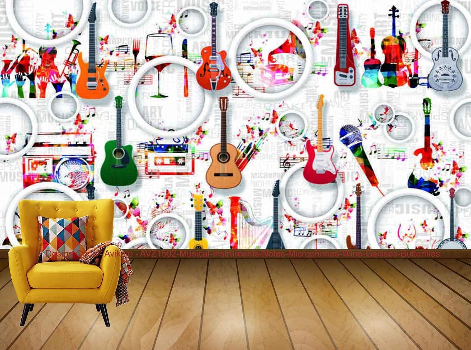 Avikalp Exclusive AVZ1502 Musical Instruments Notes Microphones Wine Galsses Butterflies HD 3D Wall Sticker(365cm x 304cm)