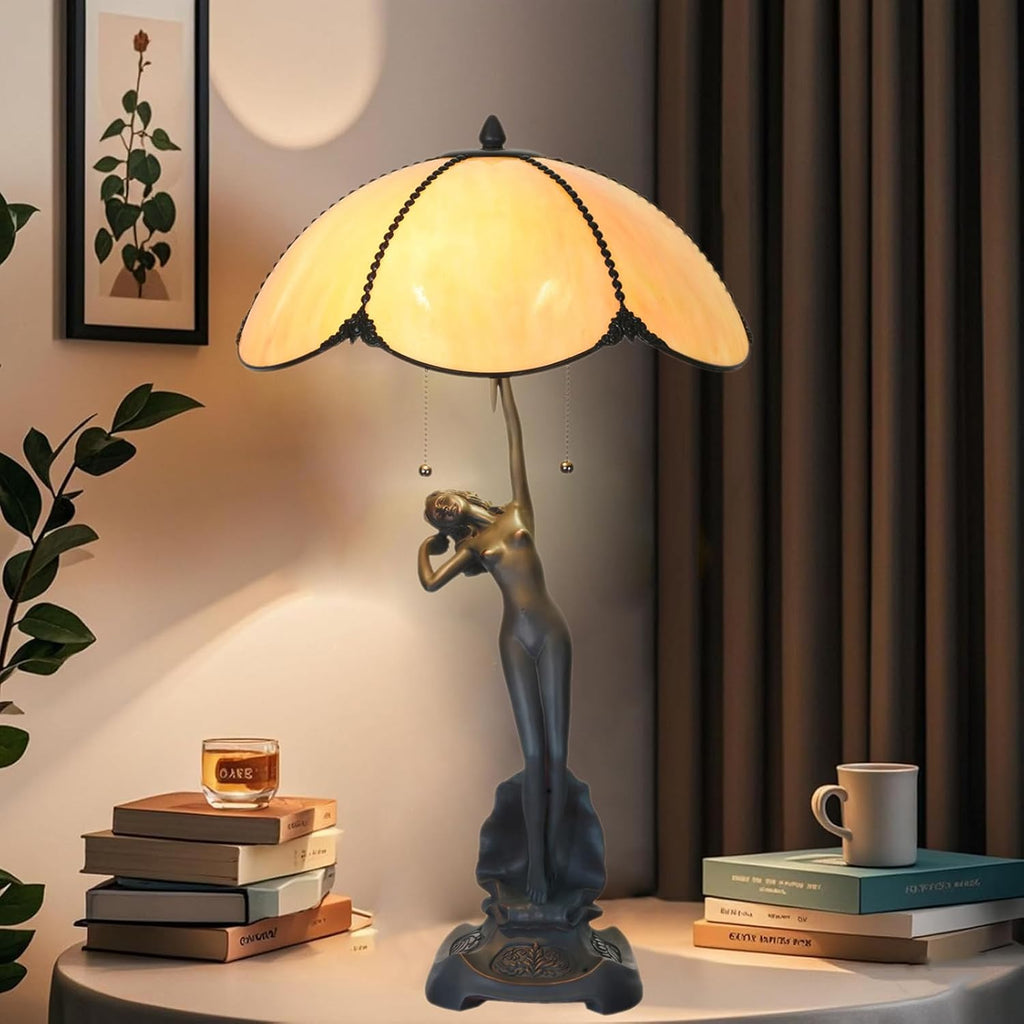 TL0033 Tiffany Style Table Lamp Handmade Stained Glass Umbrella Shade with Lady Sculpture Base W 15.75 X OH 27 Inches, Art Nouveau Lamp for Home Office, LED Bulbs Included