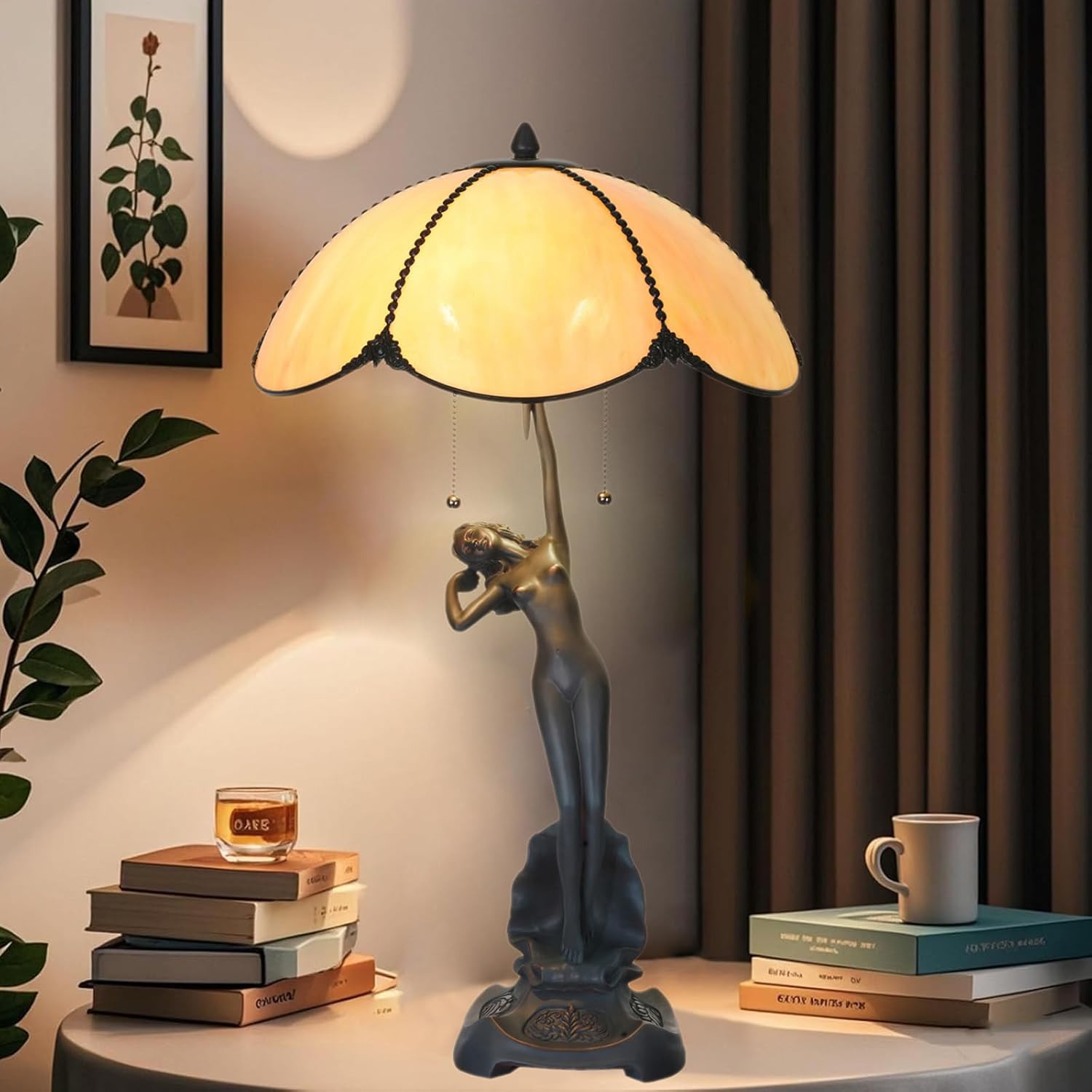 TL0033 Tiffany Style Table Lamp Handmade Stained Glass Umbrella Shade with Lady Sculpture Base W 15.75 X OH 27 Inches, Art Nouveau Lamp for Home Office, LED Bulbs Included