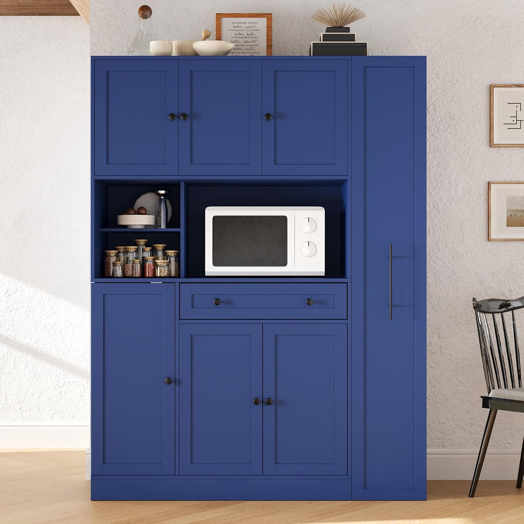 Modern 70inch Kitchen Pantry Storage Cabinet Cupboard with Hutch, Freestanding Buffet with Pull-Out Side Cabinet and Drawer for Living Room, Kitchen