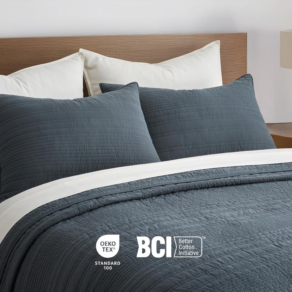 EVERGRACEHOME 100% Cotton Modern Lines Quilt Set Oversized King, Pre-Washed Soft Striped Coverlet Bedspread, 3 Piece Lightweight Bedding Set for All Season, with 2 Pillow Shams, Midnight Blue