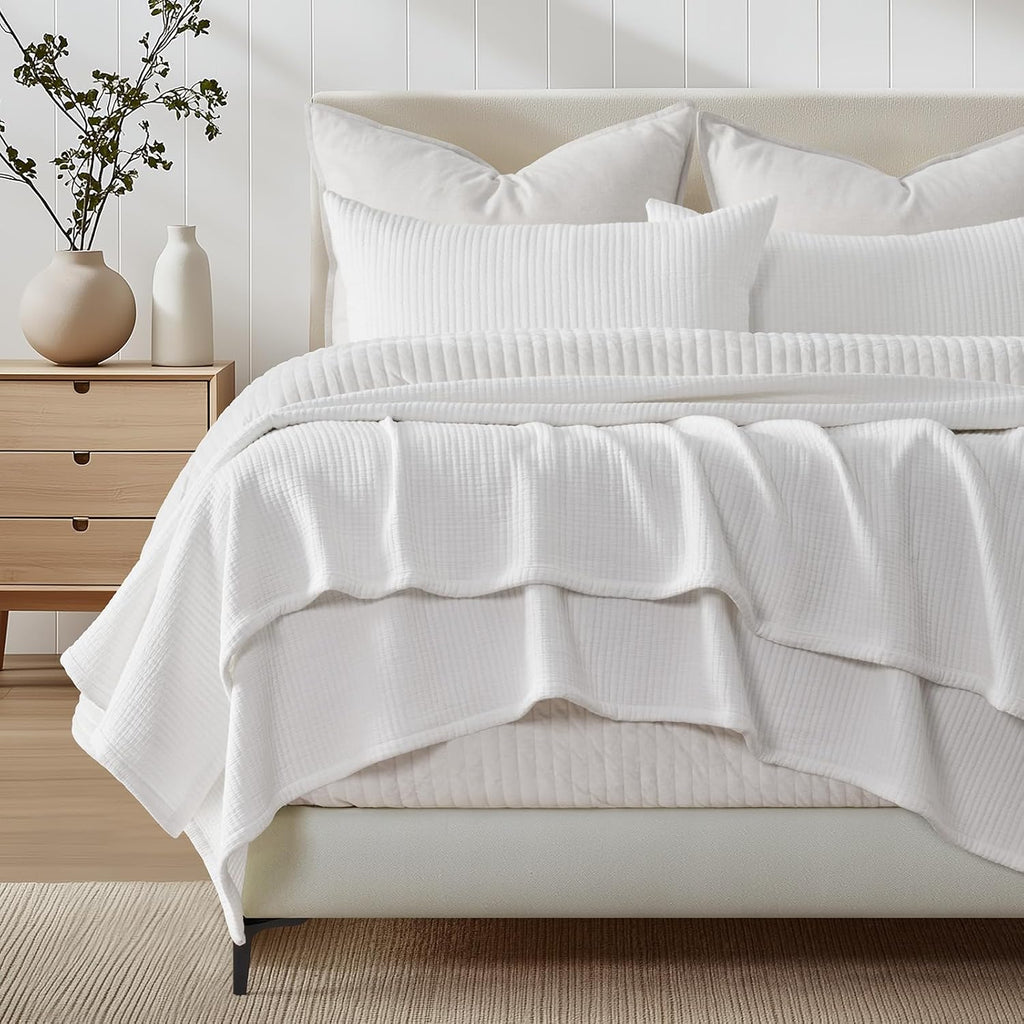 EVERGRACEHOME Cotton Gauze King Bedspread, Ultra Soft Prewashed Pick Stitch Matelassé Coverlet, Lightweight Textured Oversized King Quilt Bedding Set for All Season, with 2 Shams, Ivory White