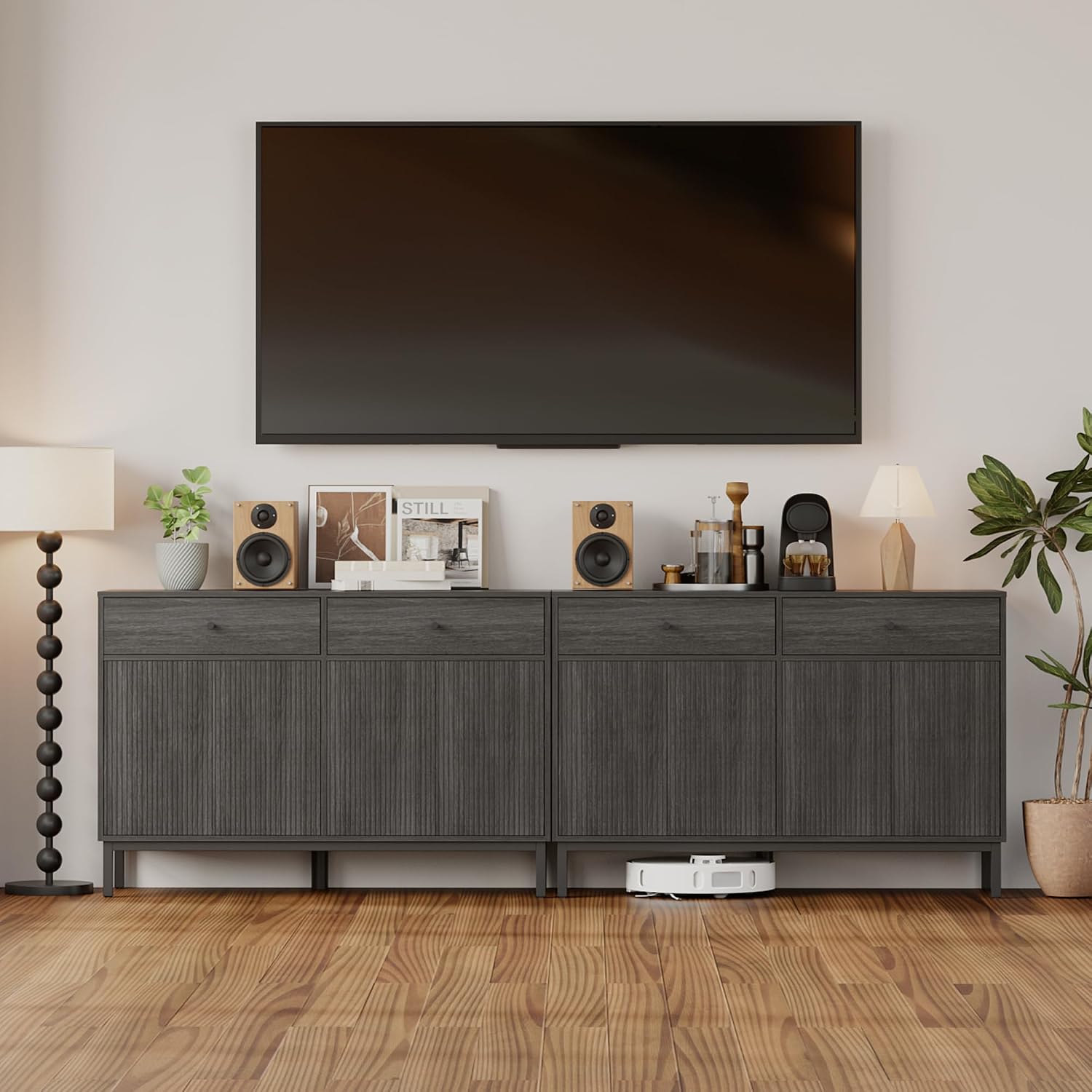 Mericonia Farmhouse Buffet Sideboard Cabinet with Storage, Fluted Coffee Bar with Doors and Adjustable Shelves, Modern Wood Console Cabinet with Drawers (4 Door, Grey 2 Drawer)