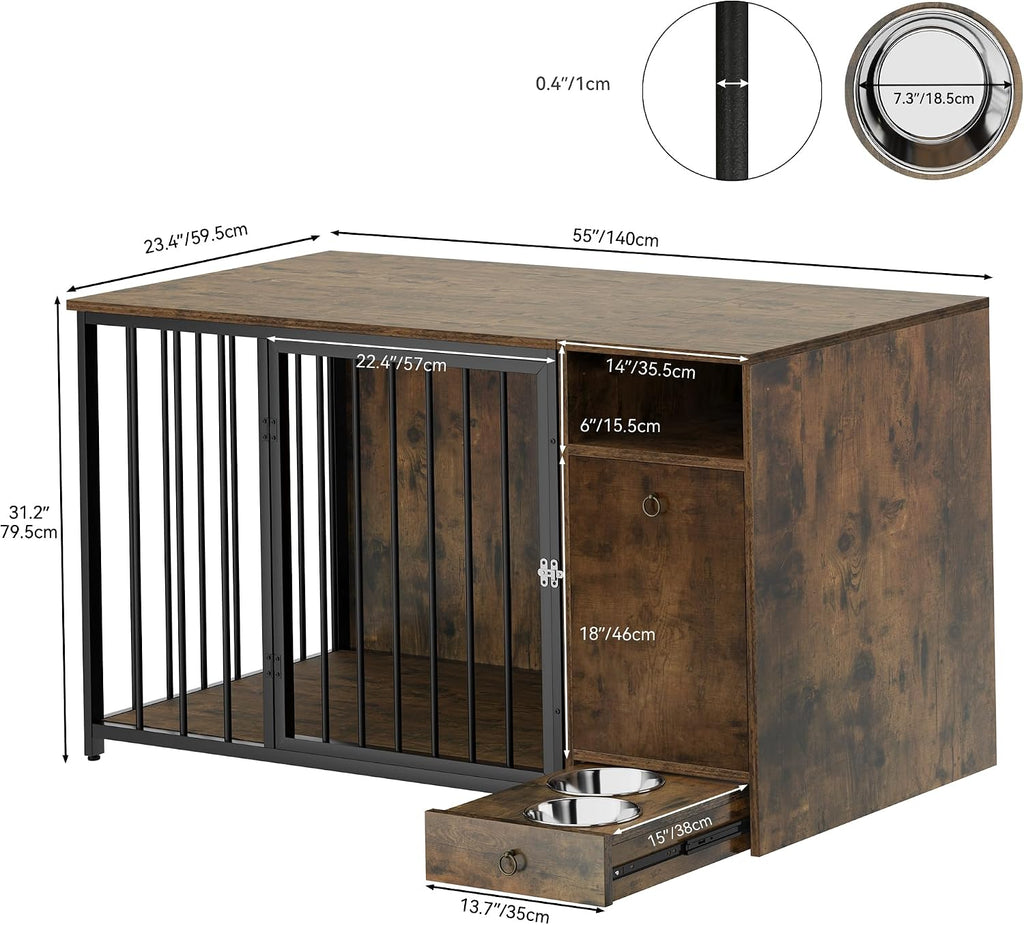 YITAHOME Dog Crate Furniture with Feeder Bowls, 55' Large Breed Dog Kennel with Storage Drawer, Heavy Duty Dog House TV Stand Indoor for Medium Dogs, Brown