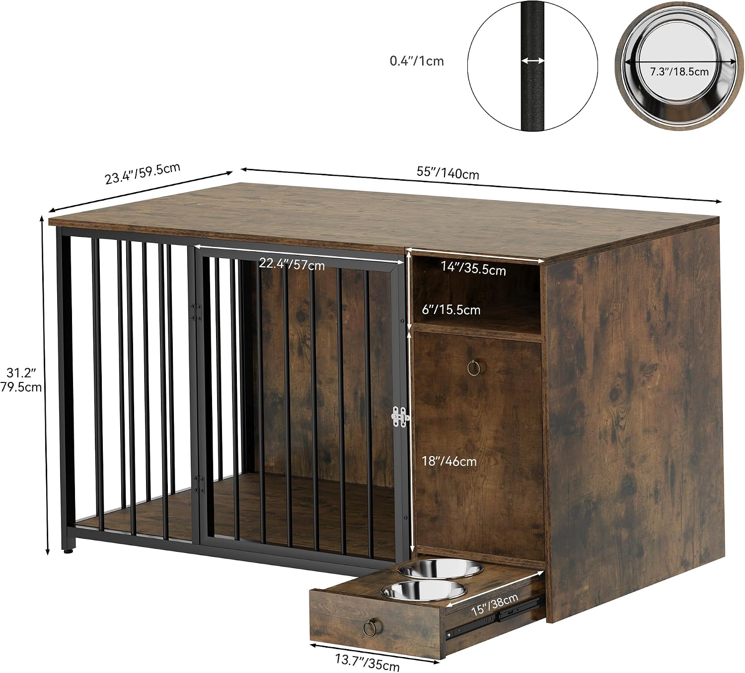 YITAHOME Dog Crate Furniture with Feeder Bowls, 55' Large Breed Dog Kennel with Storage Drawer, Heavy Duty Dog House TV Stand Indoor for Medium Dogs, Brown