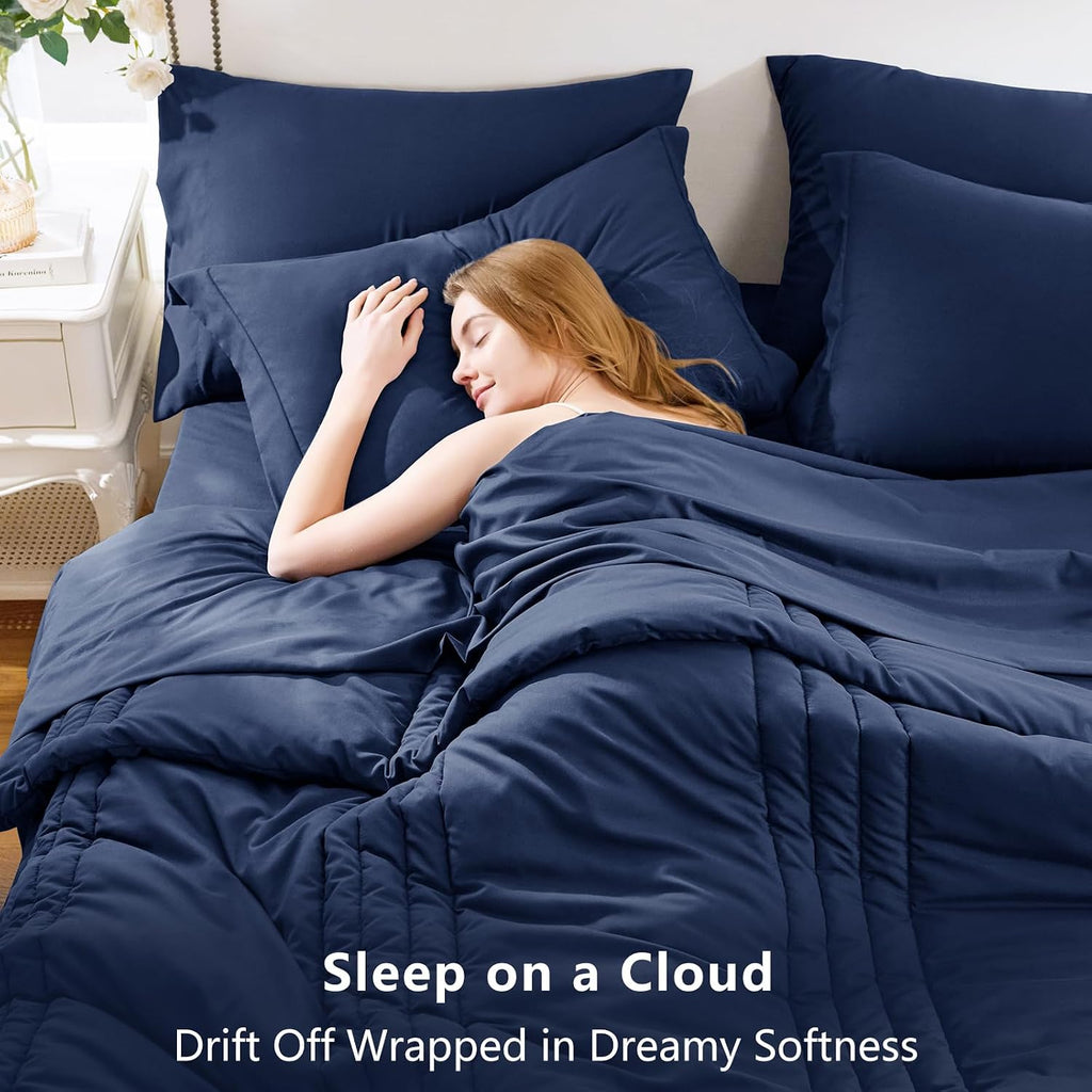 CozyLux Super King Plus Comforter Set Navy Blue - 7 Pieces Bed in a Bag, Modern Vertical Quilted Room Decor, Soft All-Season Bedding Gift with Comforter, Sheets, Pillowcases & Shams