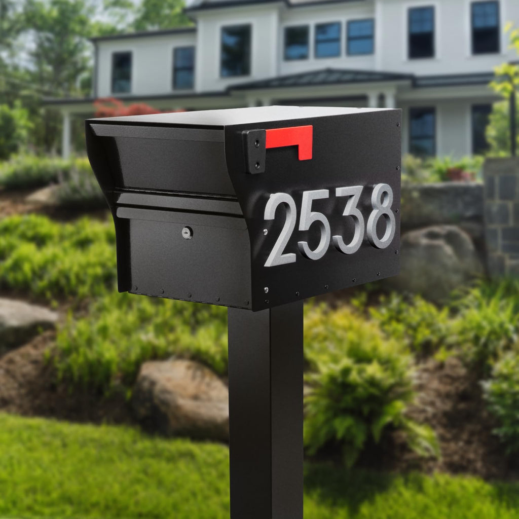 Whitehall MailVault Streetside Locking Mailbox with Post, Personalize with Modern Stand-Off Address Numbers Package – Steel, Secure Weather Resistant Modern Square Mailbox (Black/Silver)