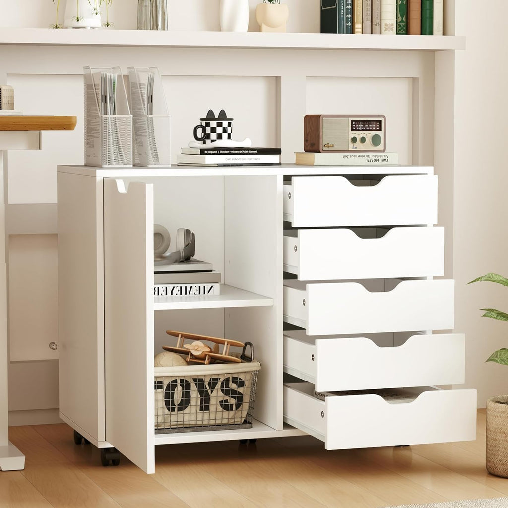 5-Drawer Wood Drawer Cabinet, Office Storage Cabinet with Adjustable Shelf & Wheels, Printer Stand for Home Office, White, 15.7' D x 30.7' W x 25.4' H
