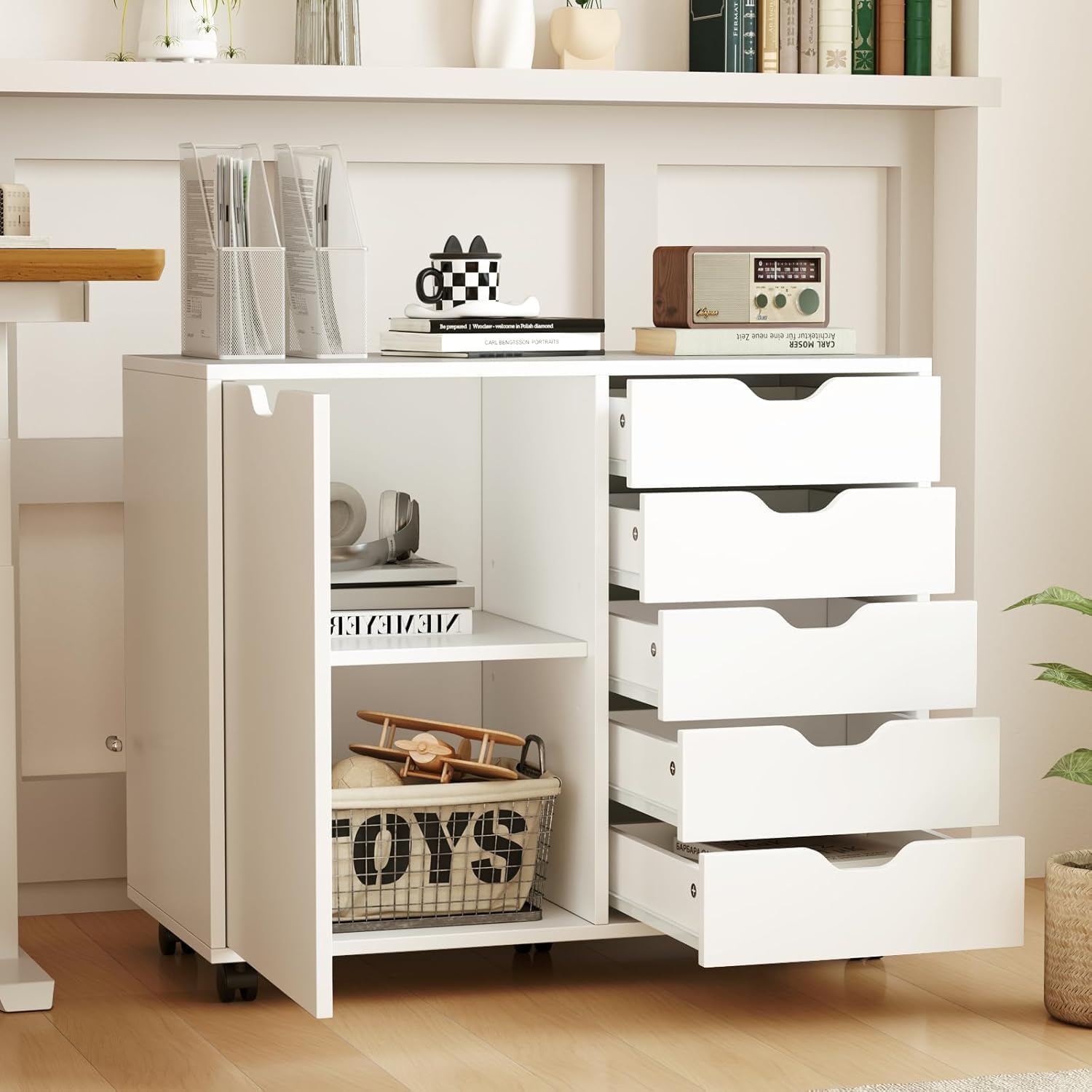 5-Drawer Wood Drawer Cabinet, Office Storage Cabinet with Adjustable Shelf & Wheels, Printer Stand for Home Office, White, 15.7' D x 30.7' W x 25.4' H
