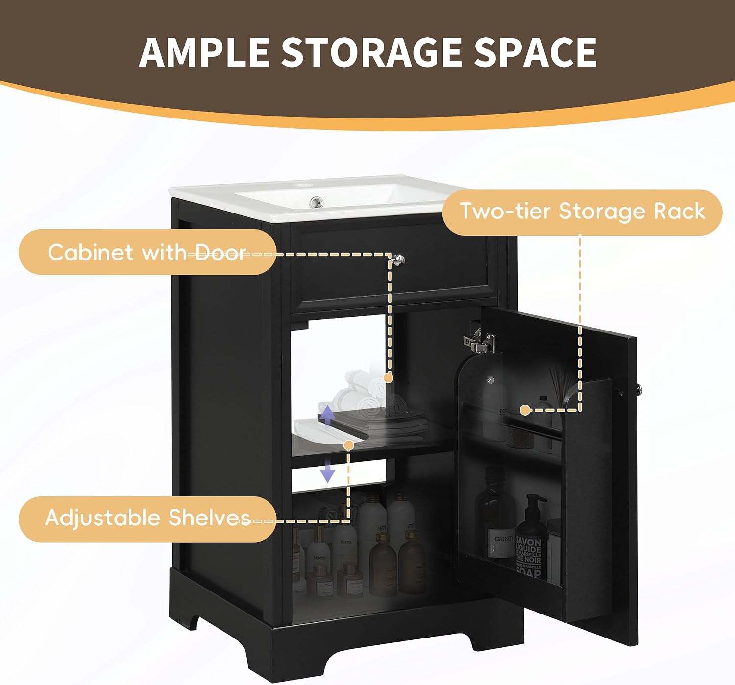 Flieks 20' Bathroom Vanity with Sink, Bathroom Cabinet with Soft Closing Door, Storage Rack and Adjustable Shelve, Black