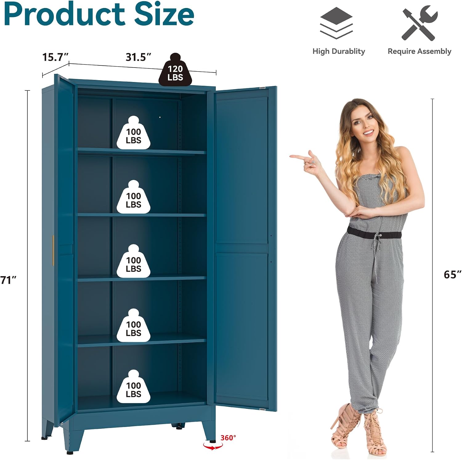 Bevivog Metal Kitchen Pantry Cupboard Cabinet, 71' Blue Storage Cabinets with 2 Doors and 4 Adjustable Shelves for Kitchen/Home Office/Dining Room/Living Space