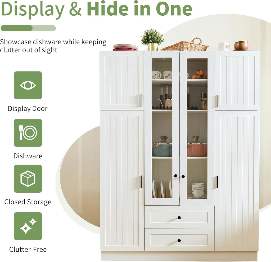 Modern Large Kitchen Pantry with 6 Doors, 53.2''Lx17.7''W Wood Storage Cabinet Cupboard with Drawers, Adjustable Shelves, Pull-Out Trays and Wine Rack for Dining Room (White-4.19)