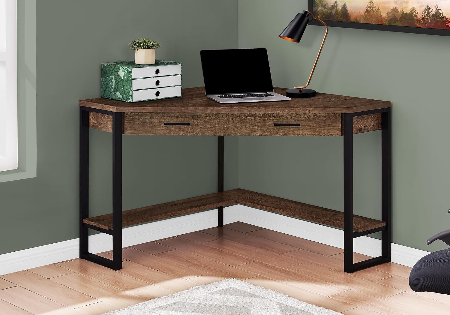 Pemberly Row Home Office Corner Computer Desk, 42' L, Reclaimed Wood Brown and Black Finish, Metal Frame, 1 Drawer, Bottom Shelf, Traditional Style Writing Desk for Work or Laptop Use