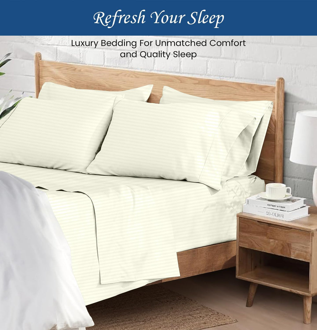 1000 Series- Extra Long Staple 100% Egyptian Cotton Sheet Set,Sateen Weave, Hotel Quality Soft Luxury Bedding, Queen Size 4 Piece Sheet Set Fit 15' Inch to 18' Deep Stripe Ivory