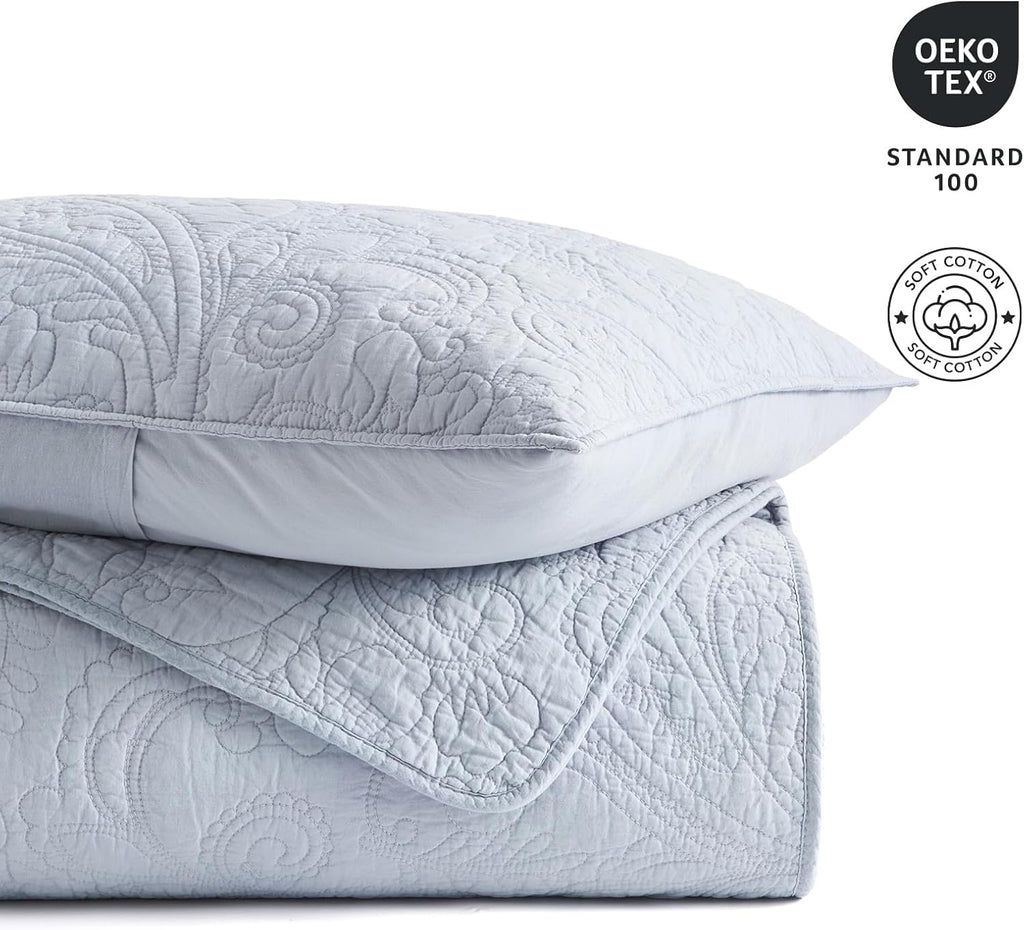 EVERGRACE 100% Cotton Paisley Quilt Set, King Size 3 Piece Set – Prewashed Lightweight Bedspread with 2 Shams, Soft & Breathable Matelasse-Style Quilted Coverlet, Pearl Blue